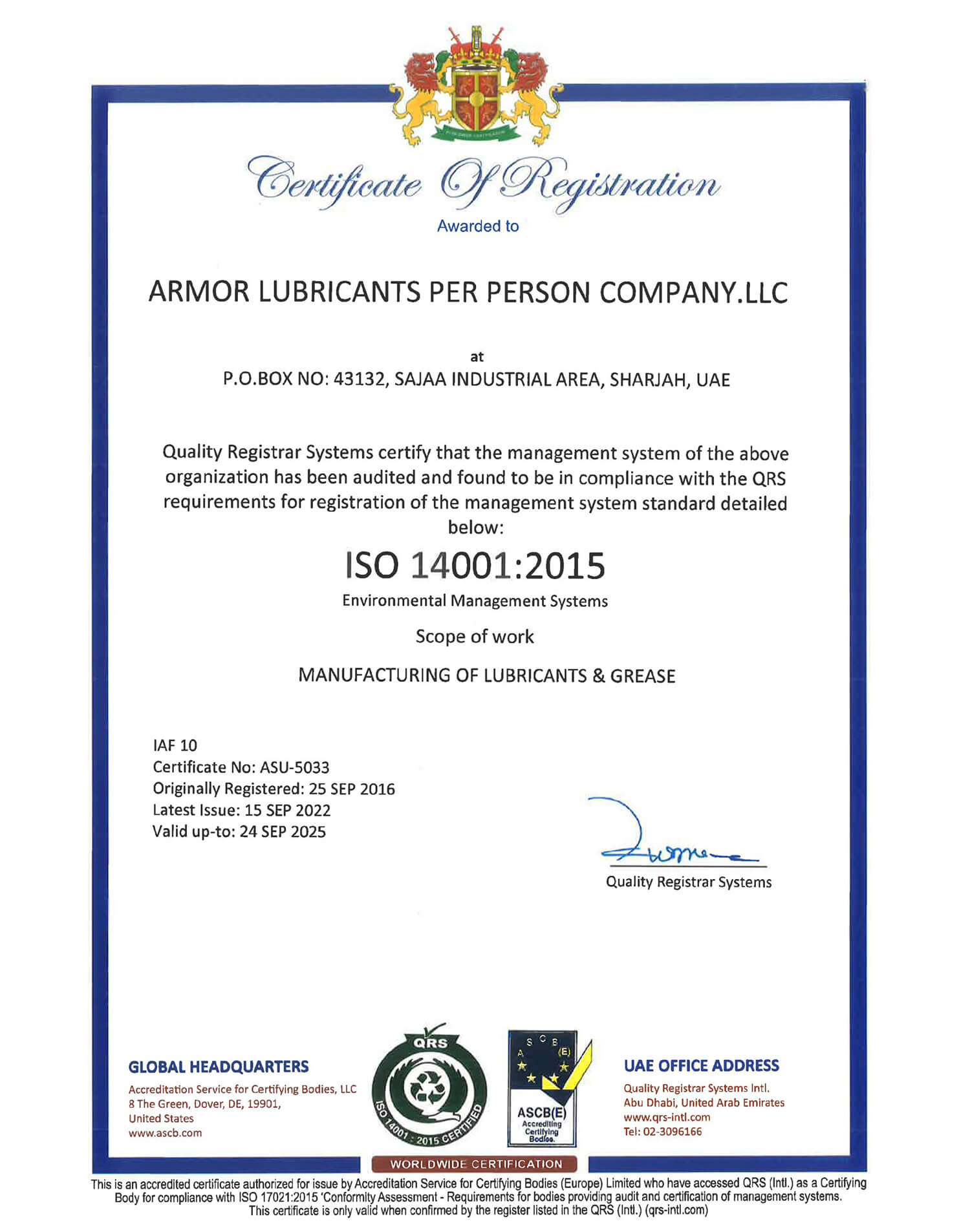 Armor Lubricants Awarded Certificate of Registration ISO 14001:2015