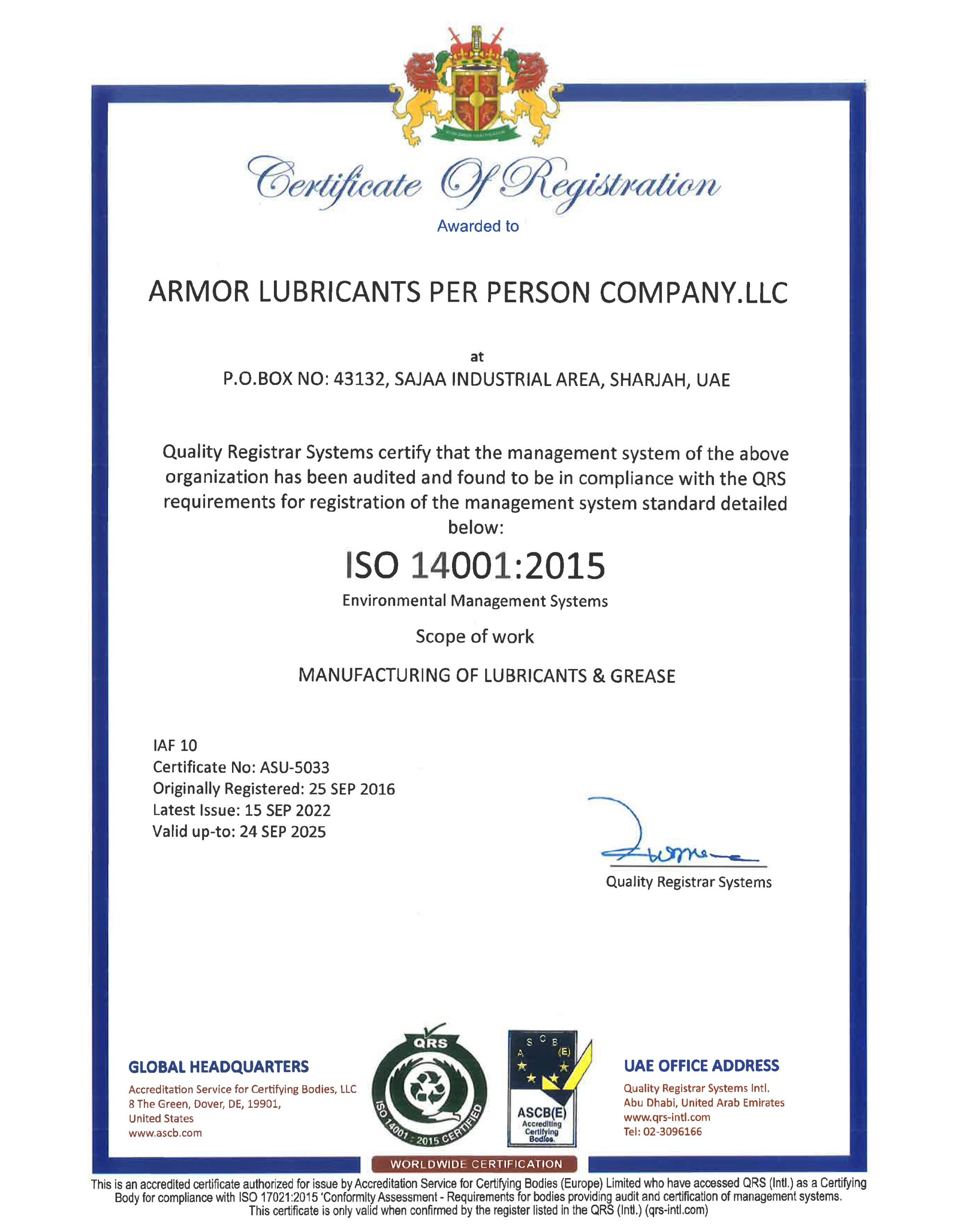 Armor ISO 14001 Environmental Management Systems (EMS) Certification