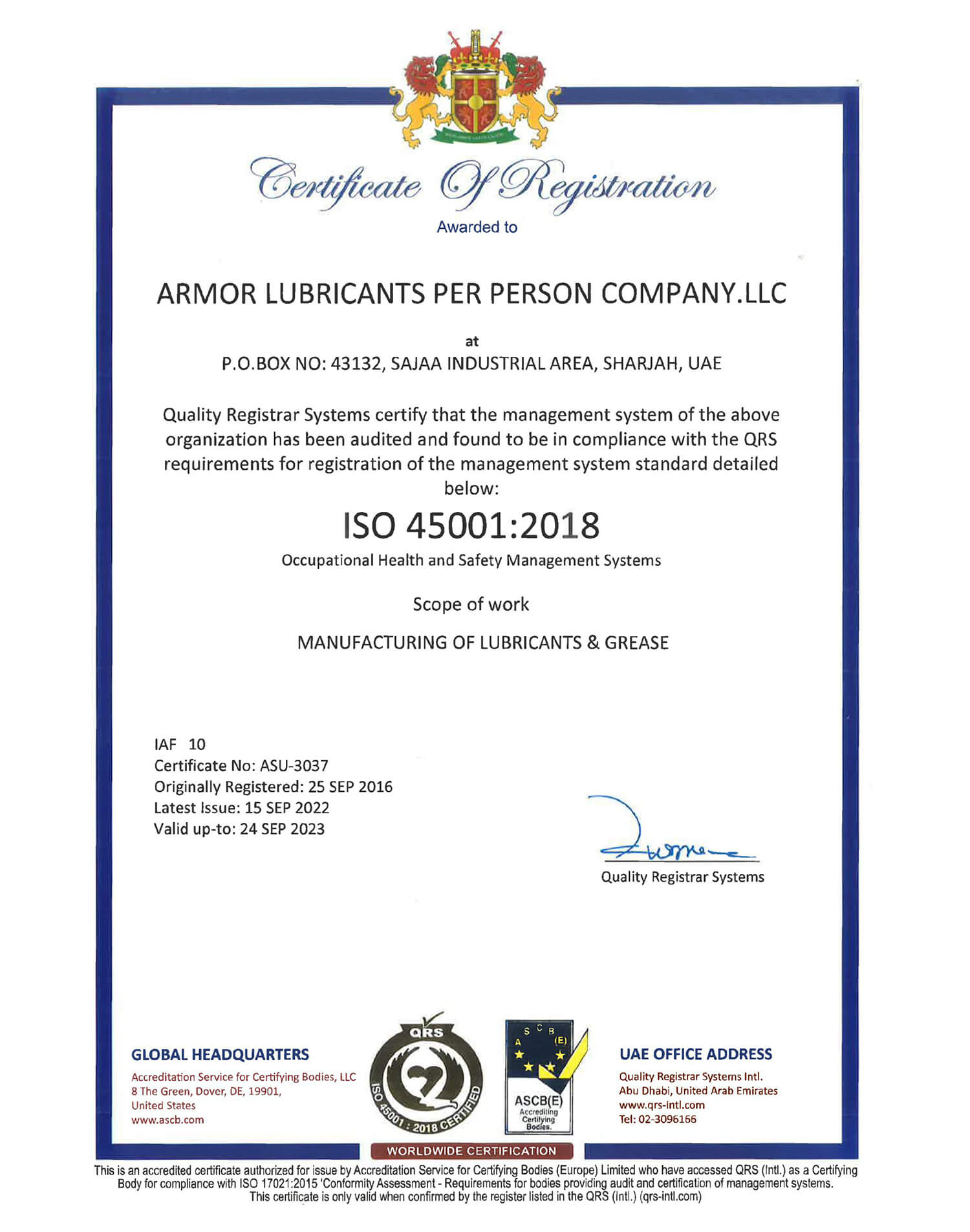 Armor Lubricants ISO 45001 Occupational Health and Safety (OH&S) Management System Certification