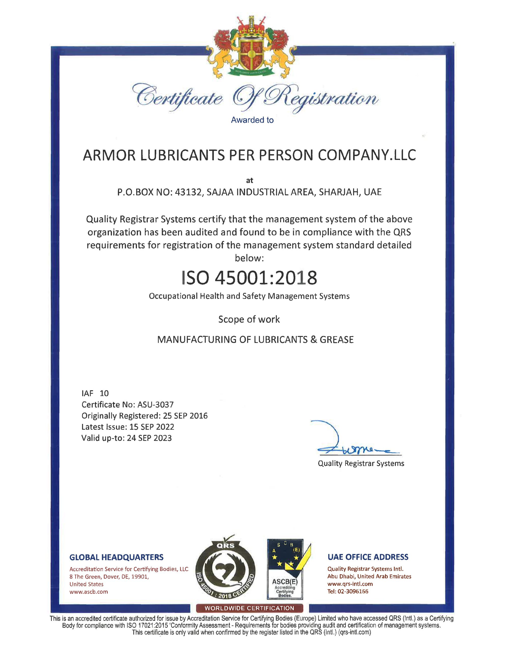 Armor Lubricants ISO 45001 Occupational Health and Safety (OH&S) Management System Certification