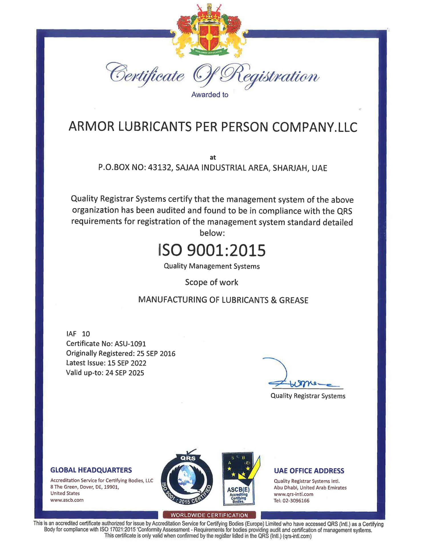 Armor Lubricants Certificate of Registration ISO 9001:2015 Quality Management Systems