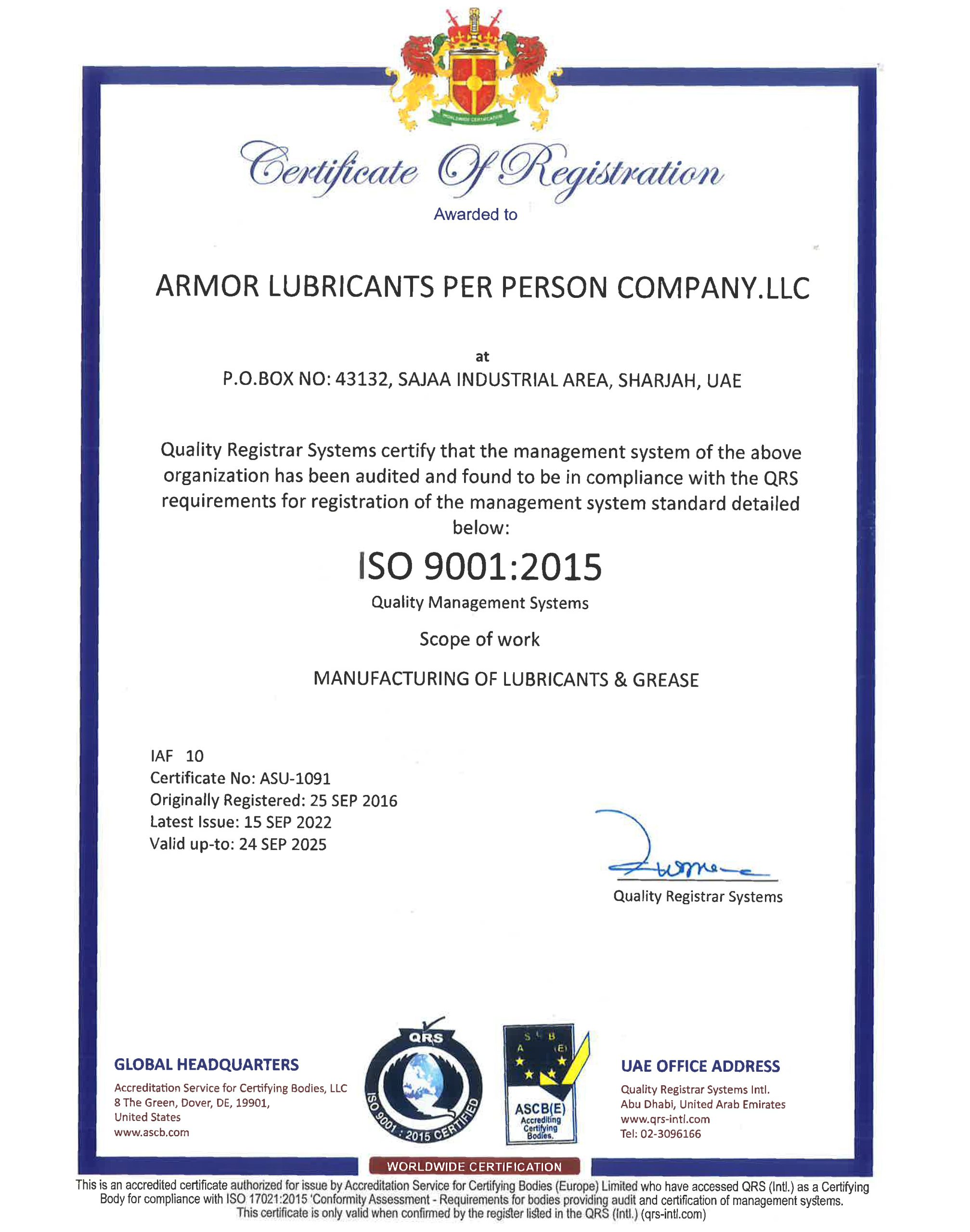 Armor Lubricants Certificate of Registration ISO 9001:2015 Quality Management Systems